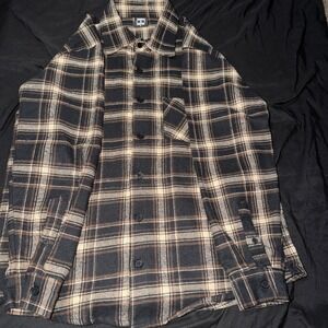 Tango Hotel Mens Large Flannel Plaid Button Down Shirt Black Brown Streetwear
